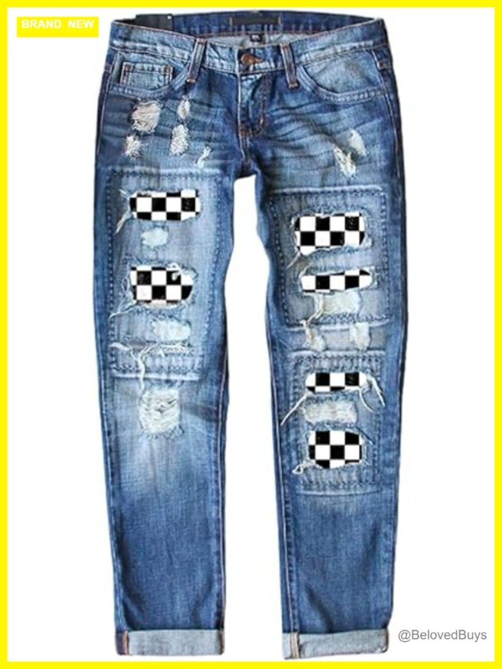 Boyfriend Ripped Distressed Plaid Patch Denim Jeans Skinny Tapered Leg Bootcut